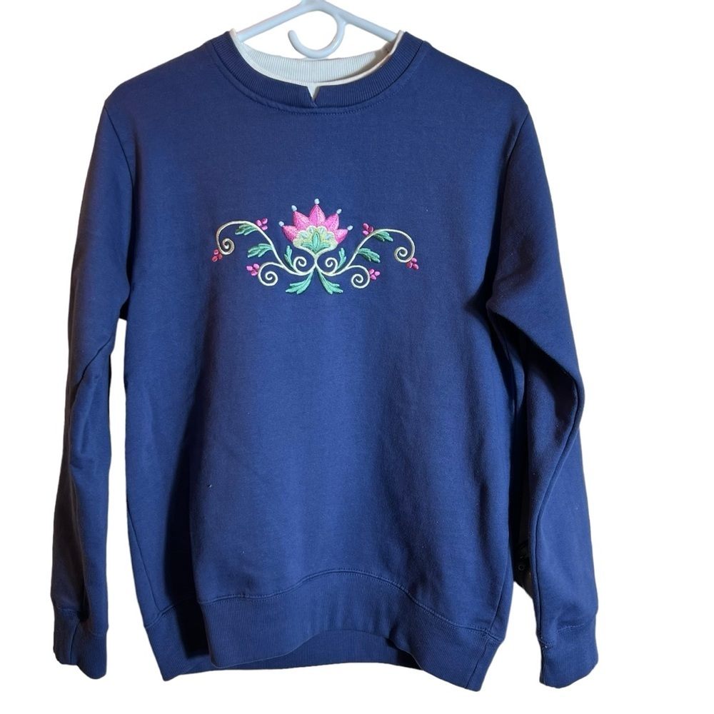 Pembrook Dark Blue Crewneck Layered Neckline Pullover Cotton Blend, Small